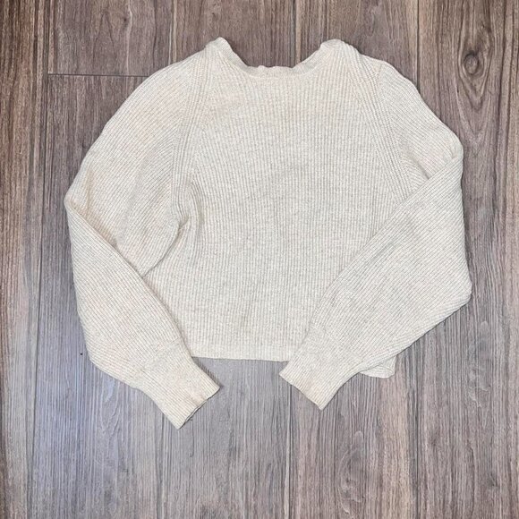 Neutral Beige Knit Sweater Crossover Minimalist Top - Picture 3 of 4